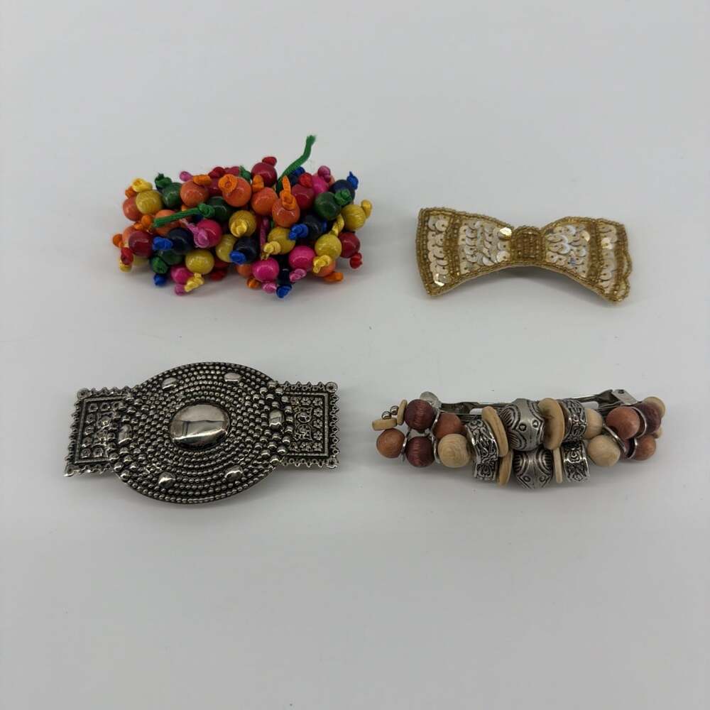 4 Vintage 90’s Hair Barrette Lot Beaded Sequin Silver Tone Statement Hair Pieces